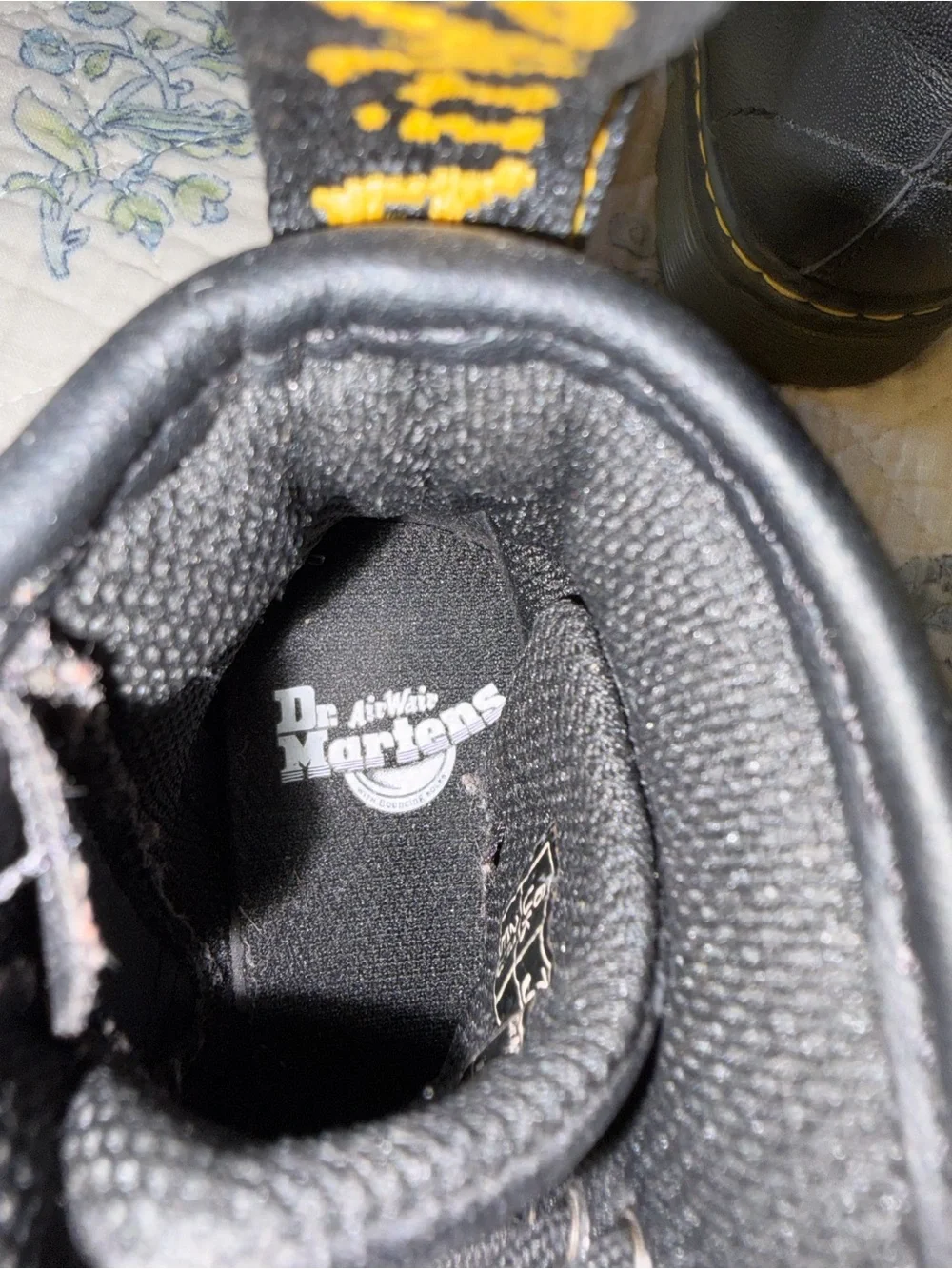Dr. Martens Black Leather Lace-Up Boots with Yellow Pull Loop